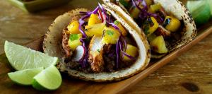 Jamaican Jerk Chicken Tacos with Grilled Pineapple-Mango Salsa