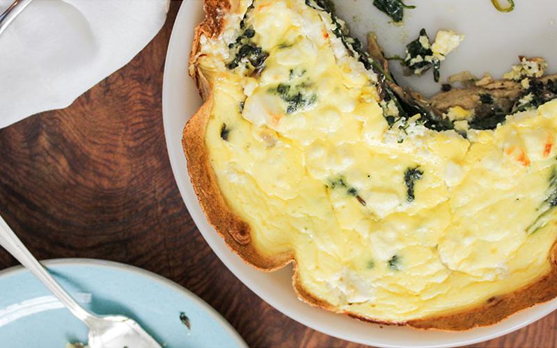 Tortilla-Crusted Goat Cheese, Mushroom and Spinach Quiche