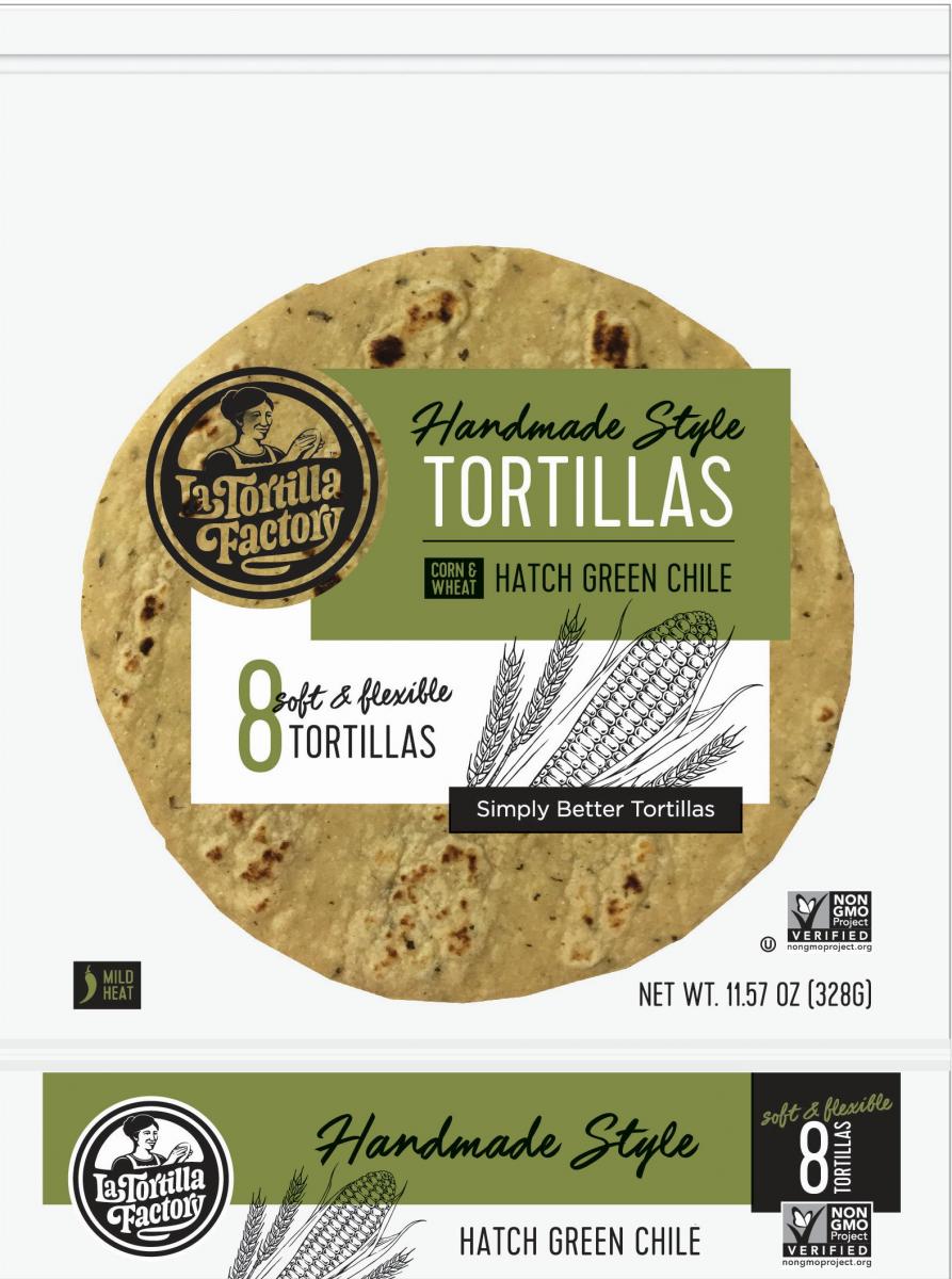 Hand Made Style Tortillas, Hatch Green Chile, White Corn & Wheat • La