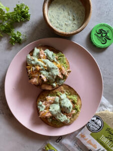 Salmon Tostada with Cilantro-Green Chile Crema